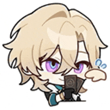 a cartoon character with blonde hair and purple eyes is holding a camera in his hand .