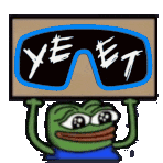 a green frog is holding a sign that says yeet .