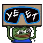 a green frog is holding a sign that says yeet .