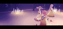 a group of anime characters are dancing on a stage in a purple room .