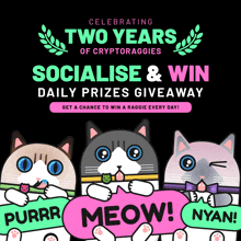 three cats holding speech bubbles that say purrr meow nyan