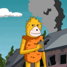 a cartoon character is holding a bottle in front of a building with the number 3 in the background