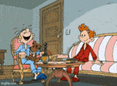 a cartoon of two boys sitting on a couch laughing