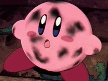 a close up of a cartoon character with black spots on his face .