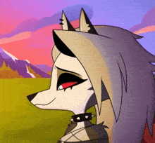 a cartoon drawing of a wolf with red eyes and a choker around her neck