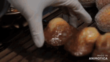 a close up of a person 's hand reaching for a donut that says made in animatica on the bottom