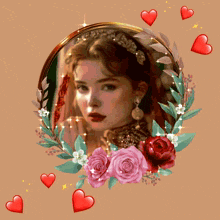 a picture of a woman in a frame with flowers and hearts around her