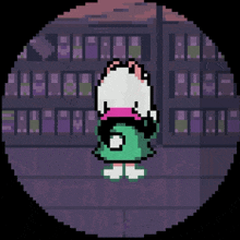 a pixel art drawing of a cat standing in front of a bookshelf