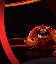 a red cartoon character with yellow eyes and a lightning bolt on his hat