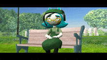 a cartoon character with a name tag that says karl sits on a bench