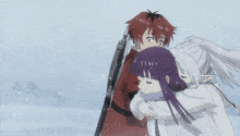 a man in a red jacket is standing in the snow with a sword