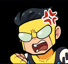 a cartoon character with a sticker on his forehead that says ' angry '