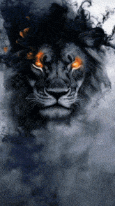 a painting of a lion with smoke coming out of it 's eyes