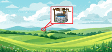 a cartoon illustration of a well in the middle of a green field