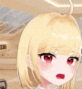 a girl with blonde hair and red eyes is looking at something
