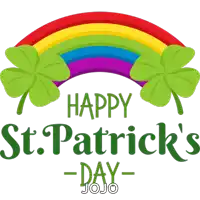 a happy st. patrick 's day poster with a rainbow and clovers