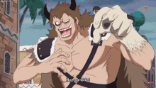 a cartoon of a man with horns and the words hyena grip on the bottom