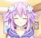 a girl with purple hair and white crosses on her head is sleeping