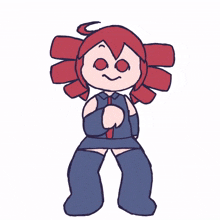 a cartoon drawing of a girl with red hair and blue clothes
