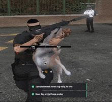 a screenshot of a video game shows a man holding a dog in his arms
