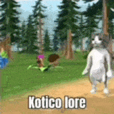 a cat is standing in the middle of a forest with the words kotico lore on it .