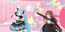 two anime girls are dancing on a pink background with balloons