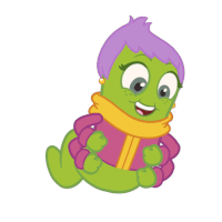 a green cartoon character with purple hair and a scarf around her neck