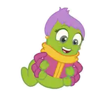 a green cartoon character with purple hair and a scarf around her neck