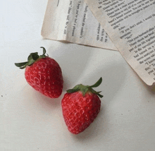 two strawberries are sitting on top of a book page that says " i hope you ve had a pleasant "