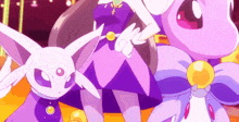 a girl in a purple dress is standing next to a purple bunny