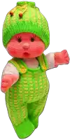 a doll with a green hat and green overalls