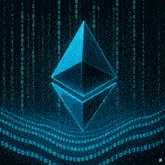 a glowing ethereum symbol is surrounded by binary numbers