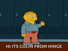 ralph from the simpsons is standing in front of a row of lockers and waving .
