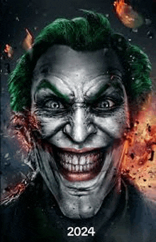 a close up of a joker 's face with a huge smile on his face .