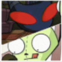 a close up of a cartoon character 's face next to another cartoon character .