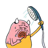a cartoon character is crying while holding a shower head with letters cc on it