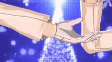 a person wearing white gloves holds another person 's hand in front of a blue background
