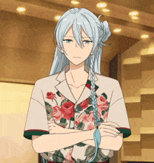 a anime character with long white hair and a floral shirt