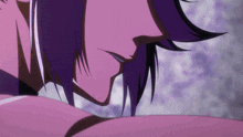 a close up of a person 's face with purple hair and a purple background