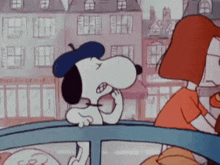 snoopy wearing a blue beret is talking to a woman in a cartoon .