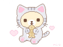 a pixel art drawing of a cat eating a fish
