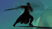 a cartoon of a man holding a stick with a blue background