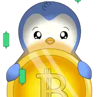 a penguin holding a gold coin with a b on it