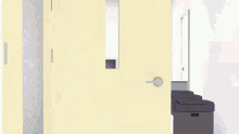 a cartoon drawing of a woman running in a room with a mop and a soccer ball on the floor