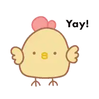 a yellow chicken with a pink feather on its head and the words yay written below it
