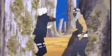 a cartoon of two men standing next to each other in the woods .