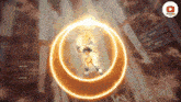 a cartoon character is surrounded by a circle of fire .