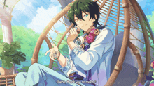 a man in a white shirt is sitting in a wicker chair and saying " ehehe thank you so much "
