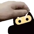 a hand is putting a ninja mask on a black cat .