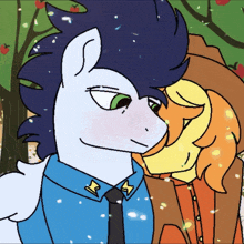 a drawing of a man and a pony with the man wearing a blue shirt with a star on it